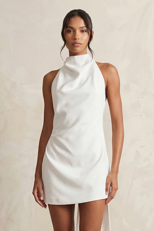 High - Neck Sheath Crepe Mini Wedding Dress in White - KISS BRIDAL Wedding Dresses