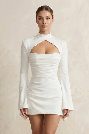 High - Neck Sheath Keyhole Satin Long Sleeves Wedding Dress in White - KISS BRIDAL Wedding Dresses