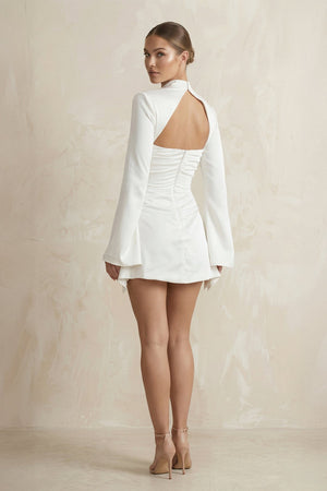 High - Neck Sheath Keyhole Satin Long Sleeves Wedding Dress in White - KISS BRIDAL Wedding Dresses