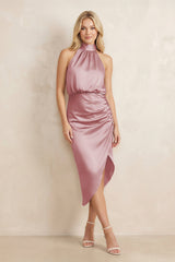 High Neck Sheath Ruched Bridesmaid Dress With Bow in Toffee - KISS BRIDAL Bridesmaid Dresses