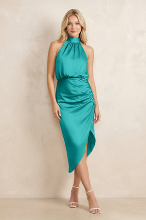 High Neck Sheath Ruched Bridesmaid Dress With Bow in Turquoise - KISS BRIDAL Bridesmaid Dresses