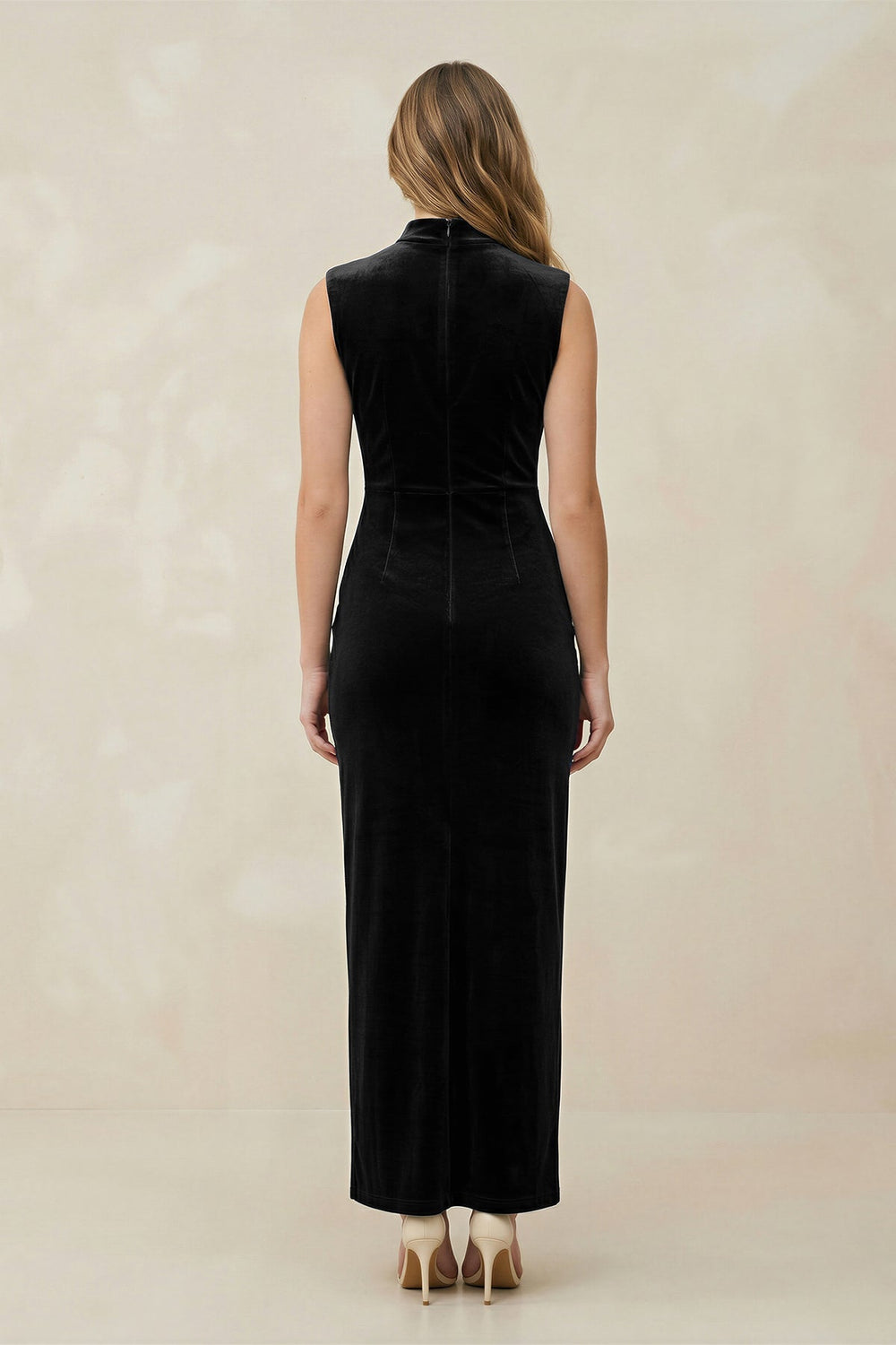 High Neck Sheath Velvet Bridesmaid Dress With Slit in Black