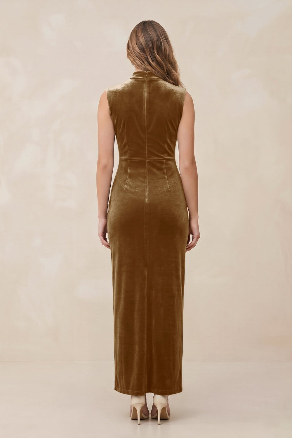 High Neck Sheath Velvet Bridesmaid Dress With Slit in Bronzer