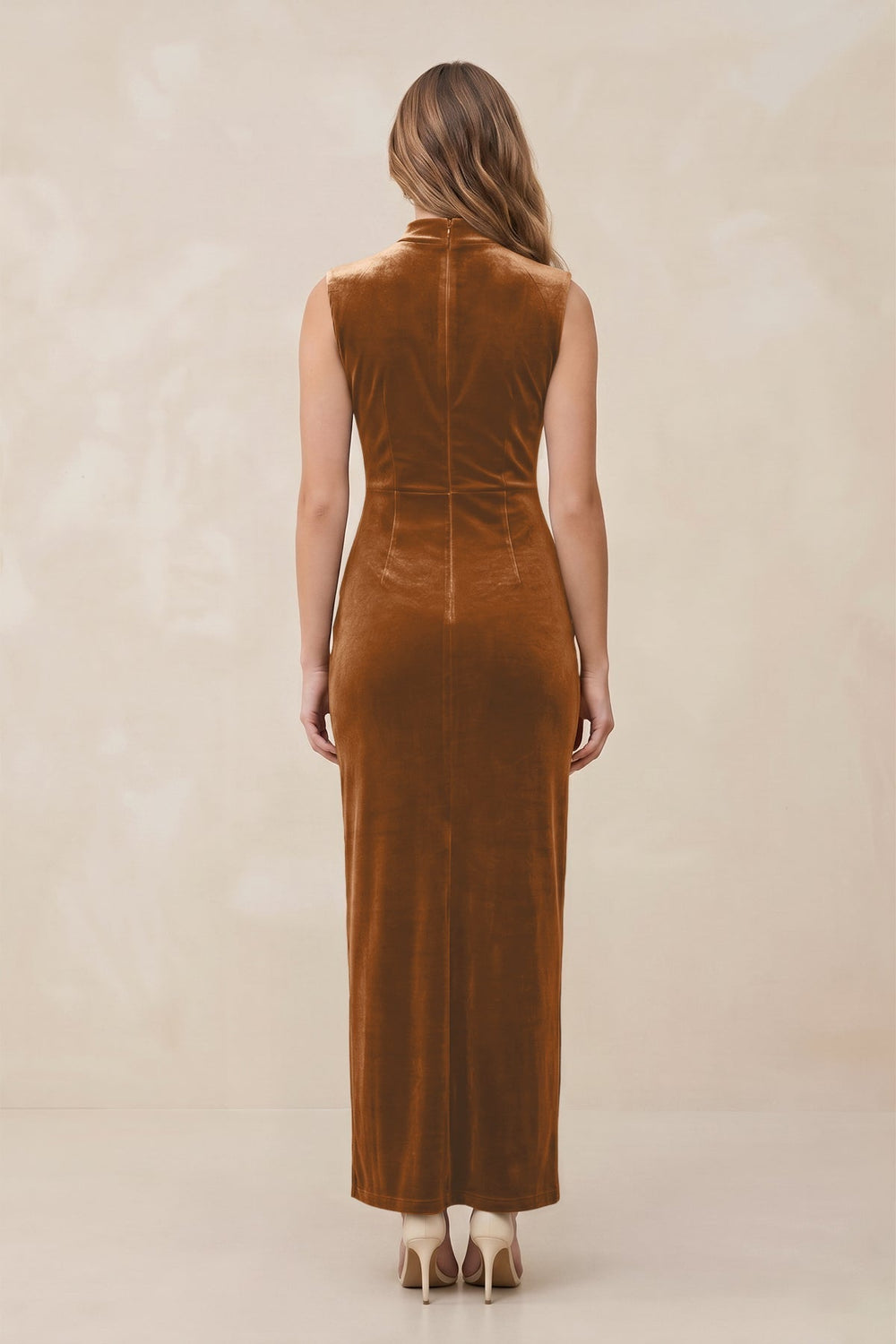 High Neck Sheath Velvet Bridesmaid Dress With Slit in Brown