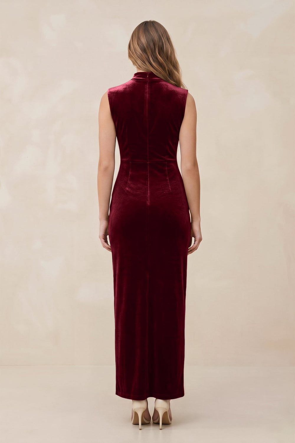 High Neck Sheath Velvet Bridesmaid Dress With Slit in Burgundy