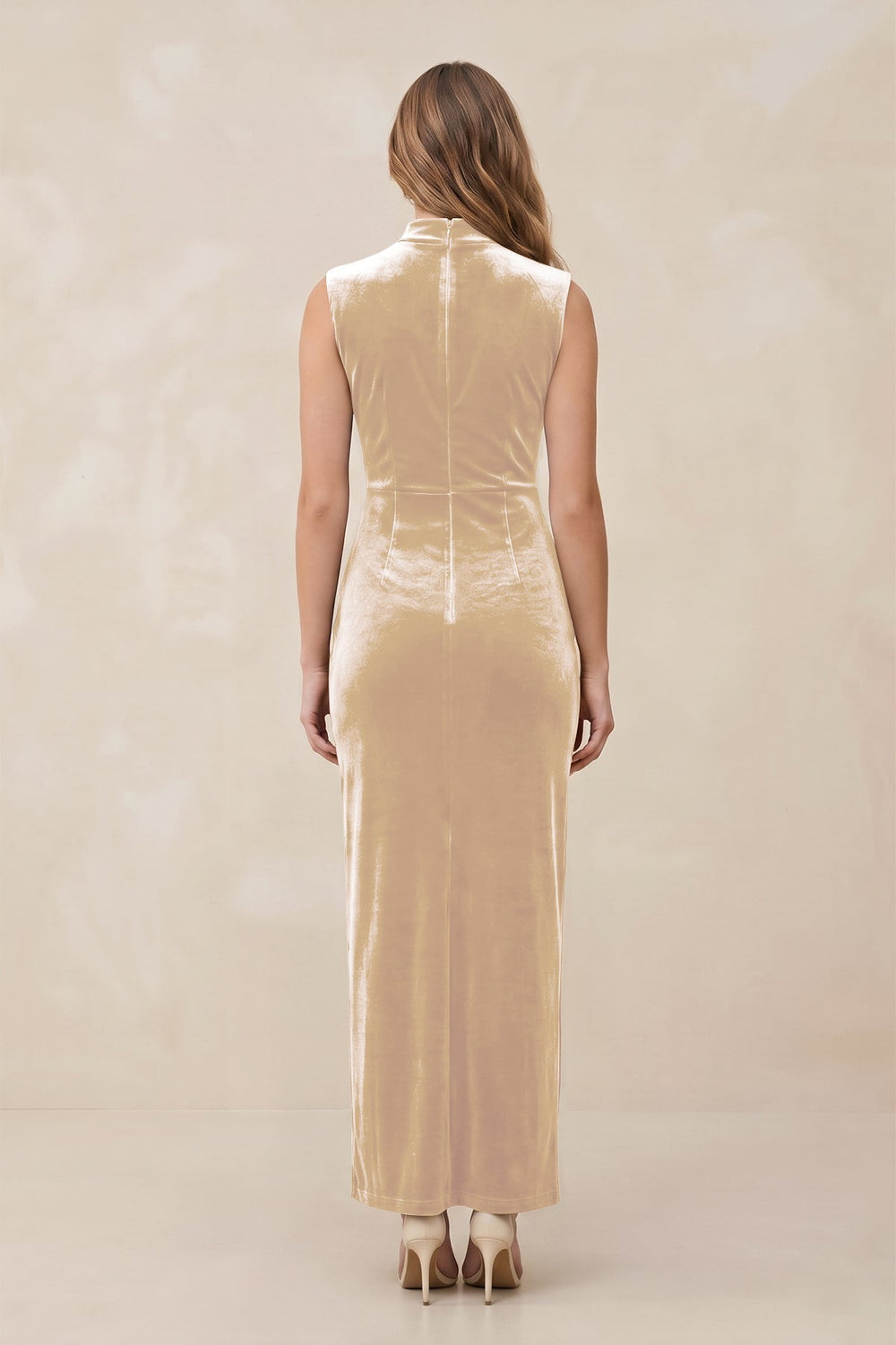 High Neck Sheath Velvet Bridesmaid Dress With Slit in Champagne
