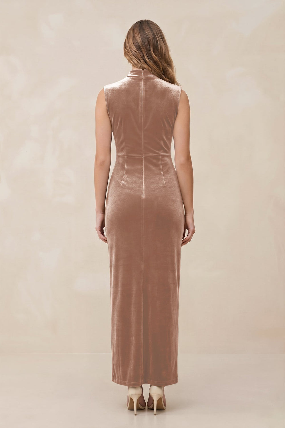 High Neck Sheath Velvet Bridesmaid Dress With Slit in Champagne Rose