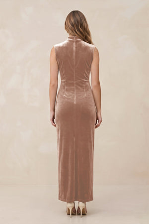High Neck Sheath Velvet Bridesmaid Dress With Slit in Champagne Rose - KISS BRIDAL Bridesmaid Dresses
