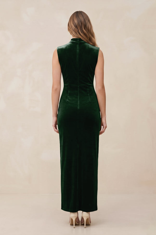 High Neck Sheath Velvet Bridesmaid Dress With Slit in Dark Green - KISS BRIDAL Bridesmaid Dresses