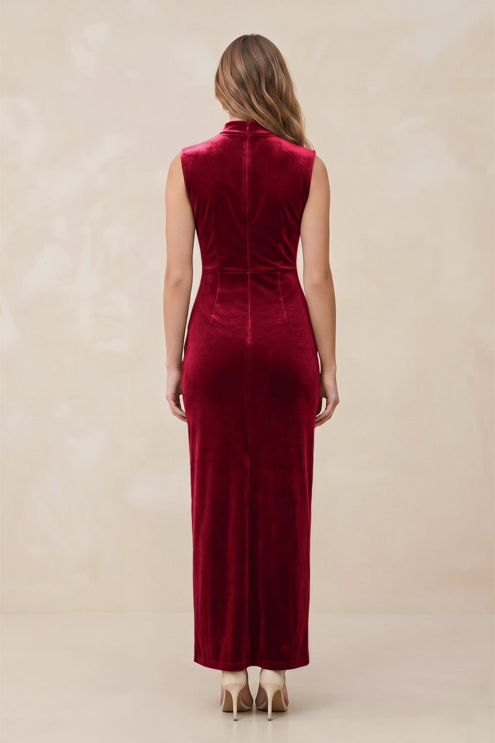 High Neck Sheath Velvet Bridesmaid Dress With Slit in Ruby Red
