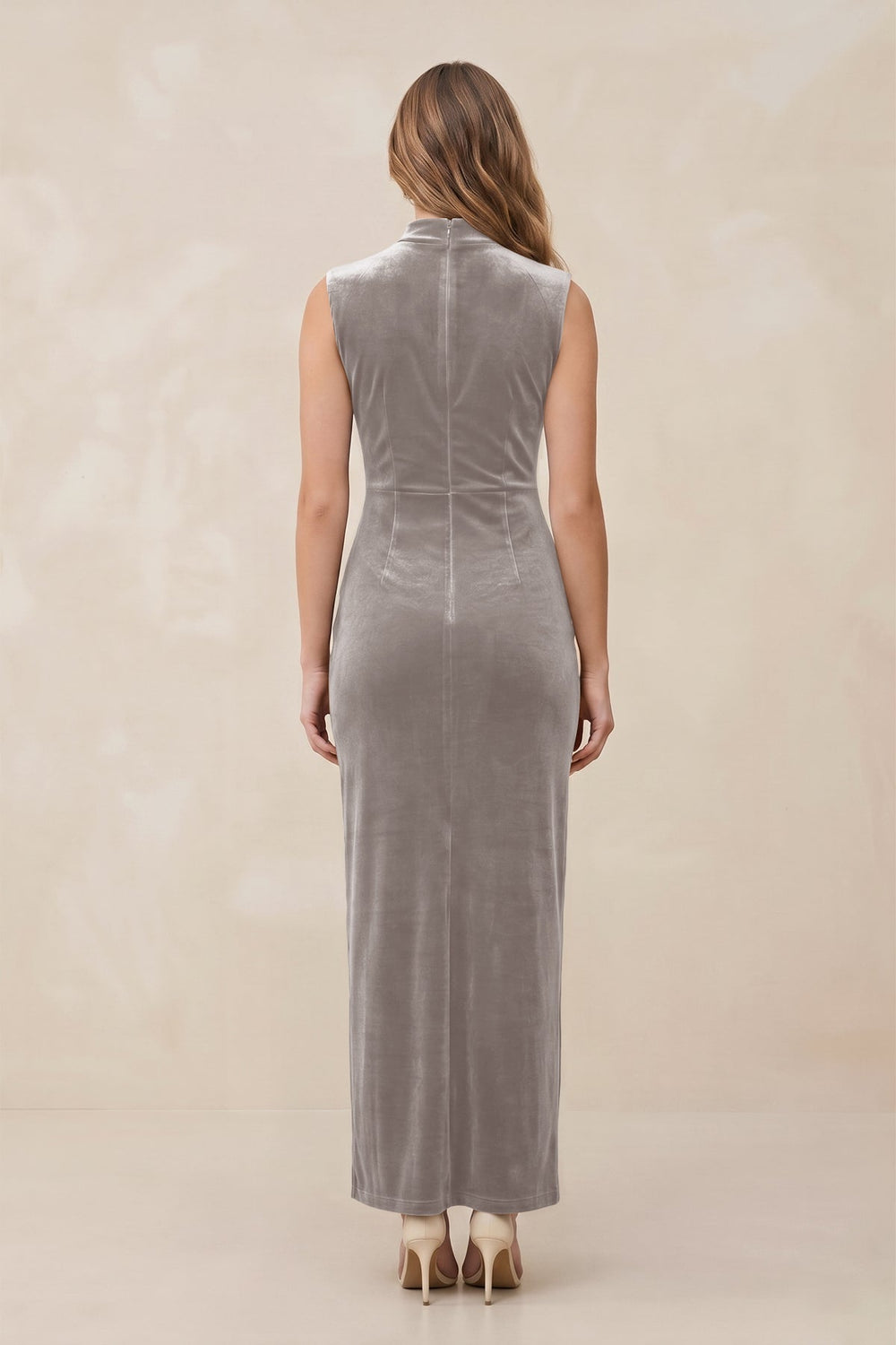 High Neck Sheath Velvet Bridesmaid Dress With Slit in Silver