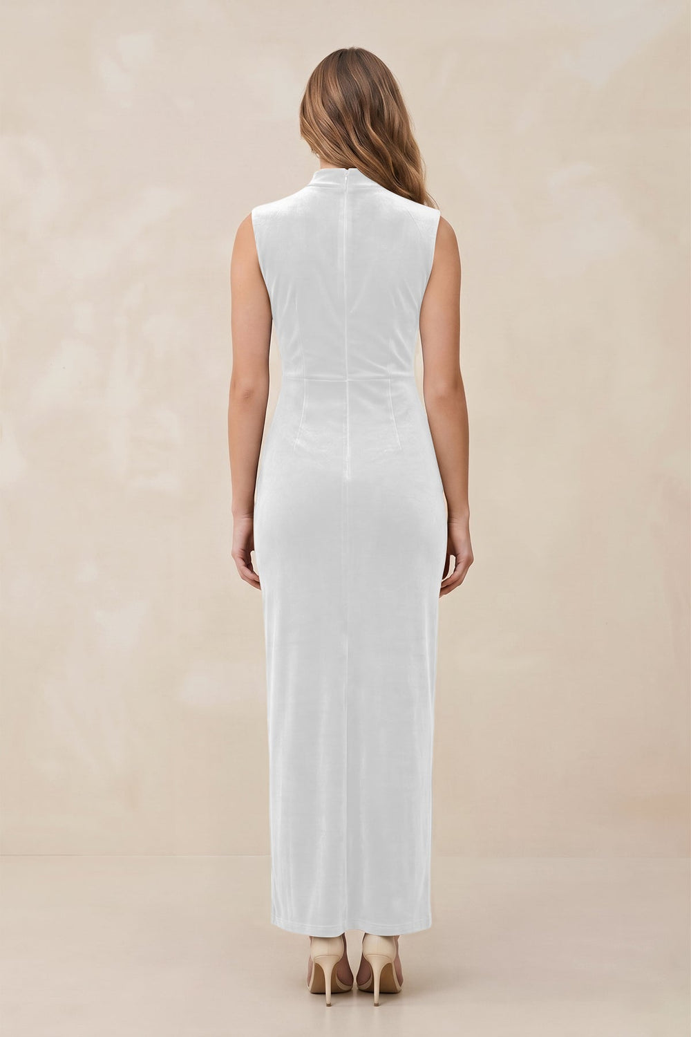 High Neck Sheath Velvet Bridesmaid Dress With Slit in White