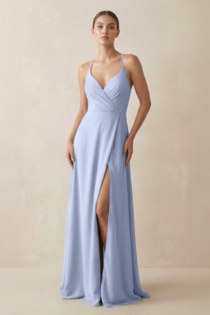 Ice A-Line Chiffon Long Bridesmaid Dress With Slit | KISSBRIDAL