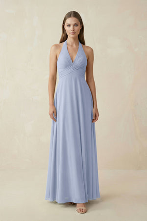 Ice A-Line Pleated Chiffon V-Neck Bridesmaid Dress | KISSBRIDAL