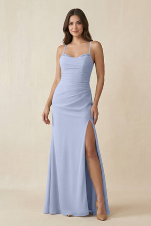 Ice Cami Strap Sheath Chiffon Bridesmaid Dress with Slit | KISSBRIDAL