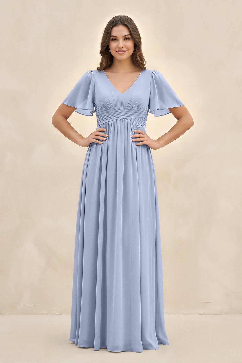 Short Sleeve Chiffon V-Neck A-Line Bridesmaid Dress in Ice