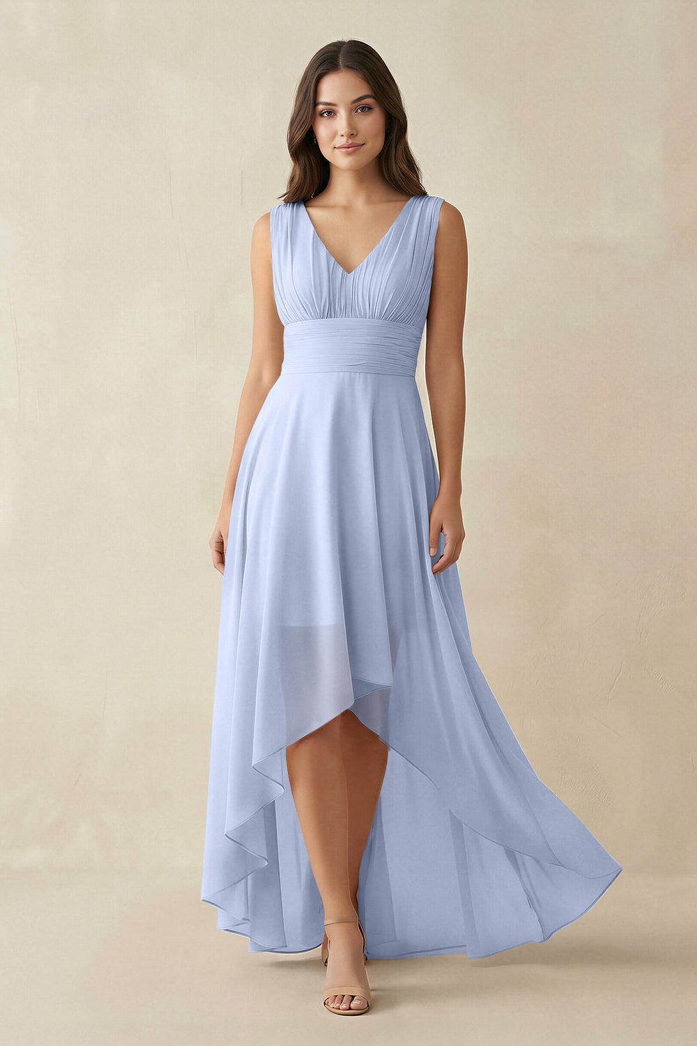 V-Neck High-Low Chiffon Bridesmaid Dress in Ice
