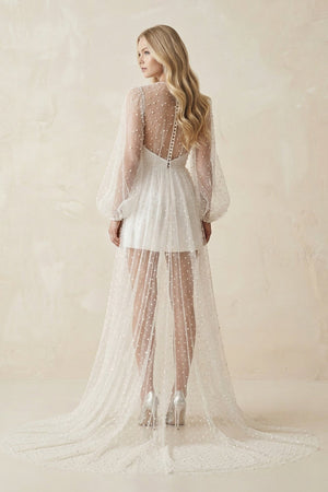 Illusion A - Line Long Sleeves Mini Wedding Dress With Beaded in White - KISS BRIDAL Wedding Dresses