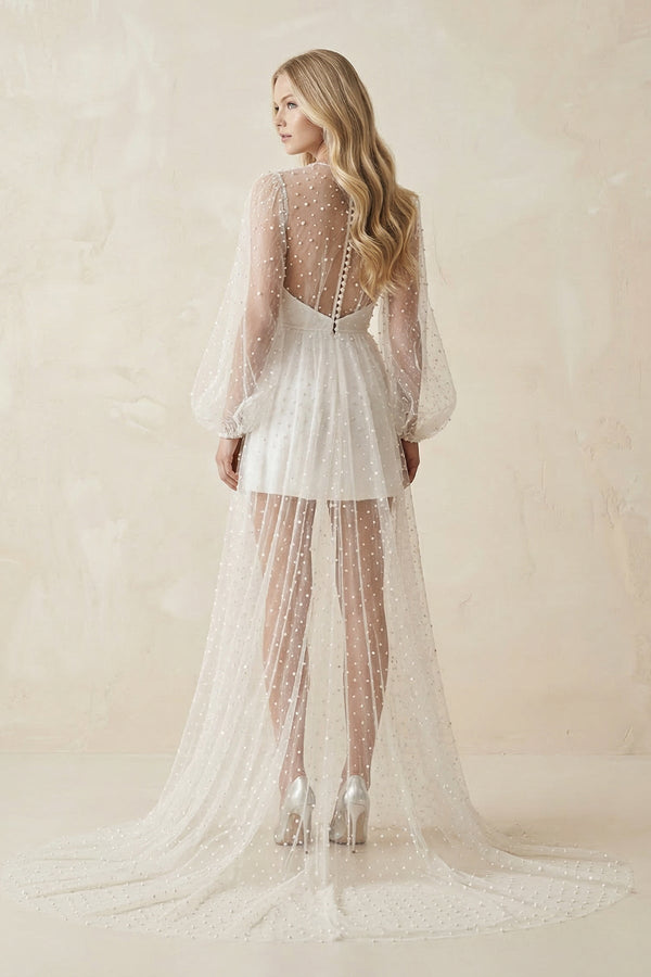 Illusion A - Line Long Sleeves Mini Wedding Dress With Beaded in White - KISS BRIDAL Wedding Dresses