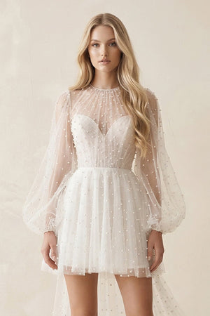 Illusion A - Line Long Sleeves Mini Wedding Dress With Beaded in White - KISS BRIDAL Wedding Dresses
