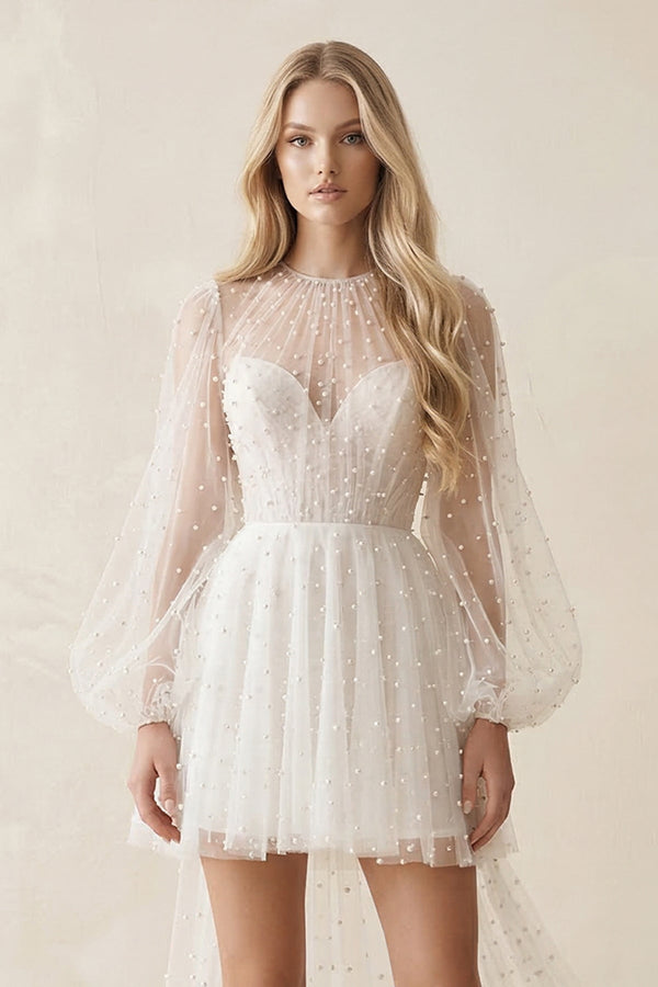 Illusion A - Line Long Sleeves Mini Wedding Dress With Beaded in White - KISS BRIDAL Wedding Dresses