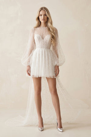 Illusion A - Line Long Sleeves Mini Wedding Dress With Beaded in White - KISS BRIDAL Wedding Dresses