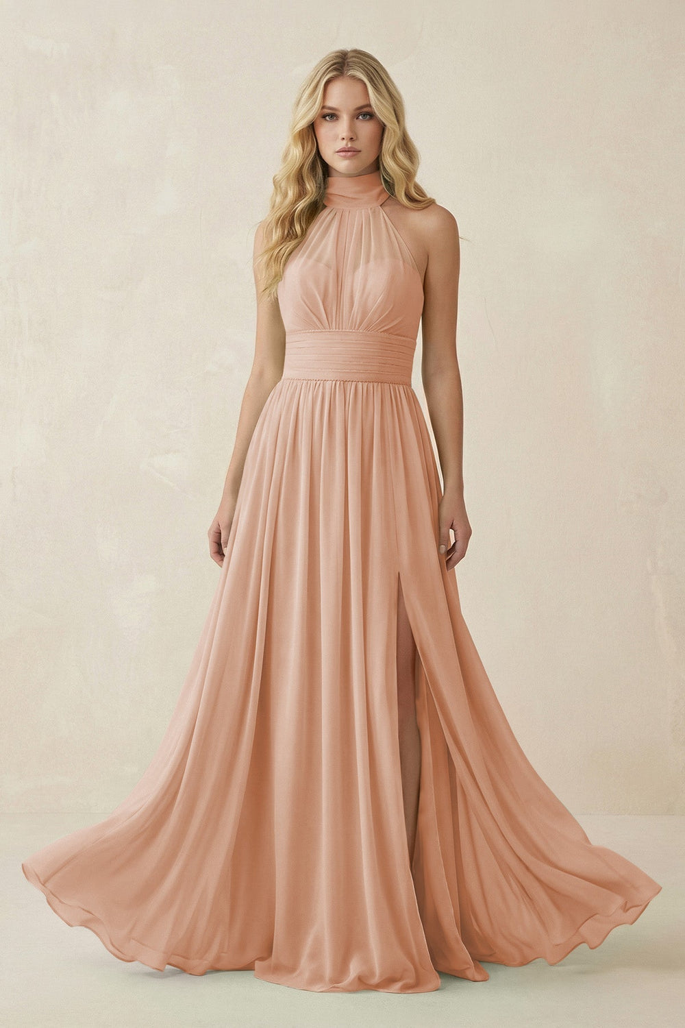 Illusion Halter A-Line Chiffon Bridesmaid Gown in Champagne Rose