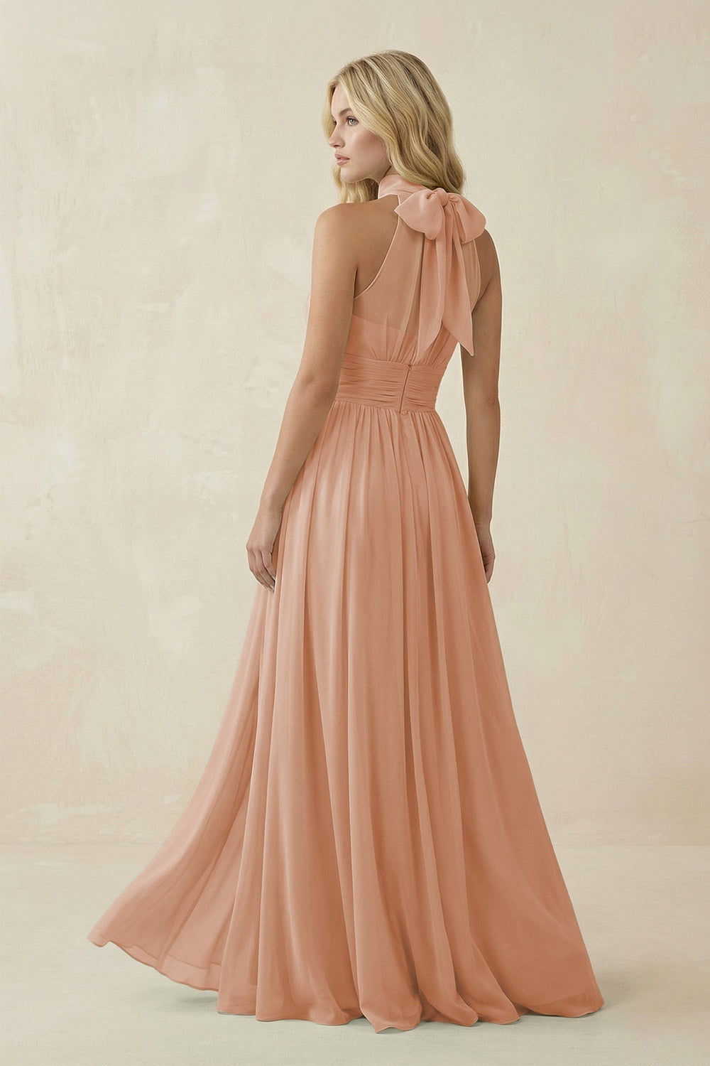 Illusion Halter A-Line Chiffon Bridesmaid Gown in Champagne Rose