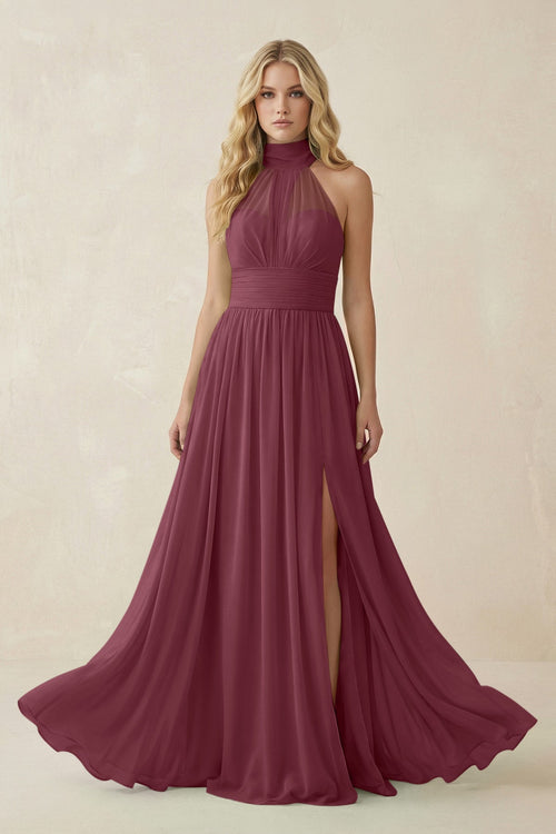 Illusion Halter A-Line Chiffon Bridesmaid Gown in Desert Rose | KISSBRIDAL