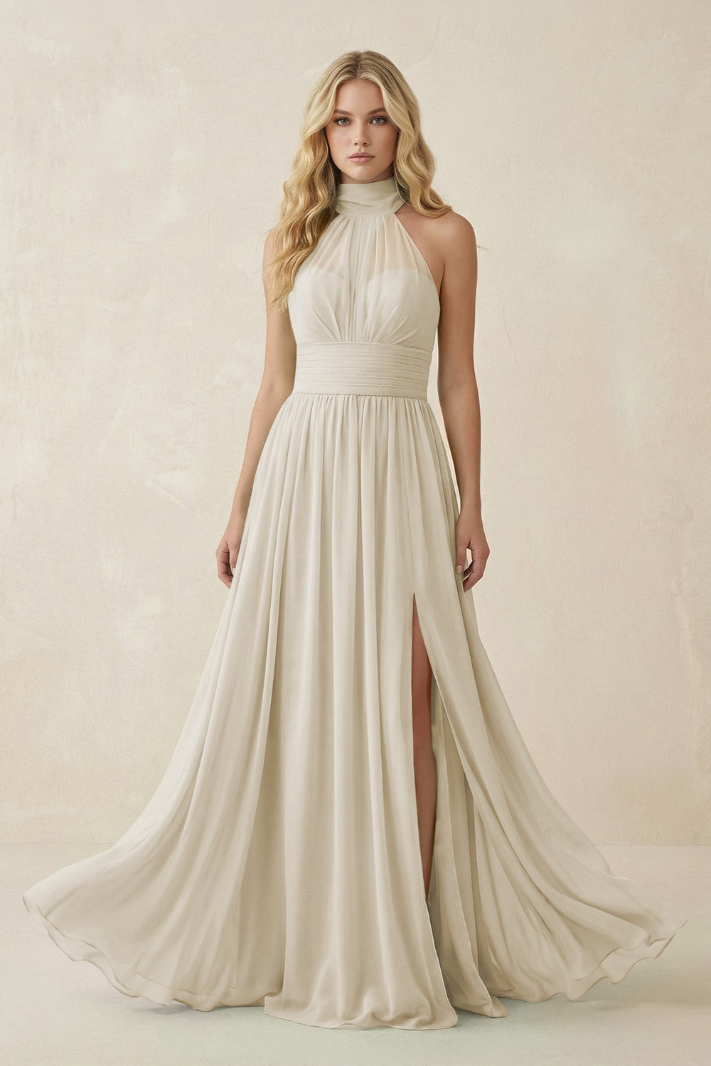 Illusion Halter A-Line Chiffon Bridesmaid Gown in Dove Gray