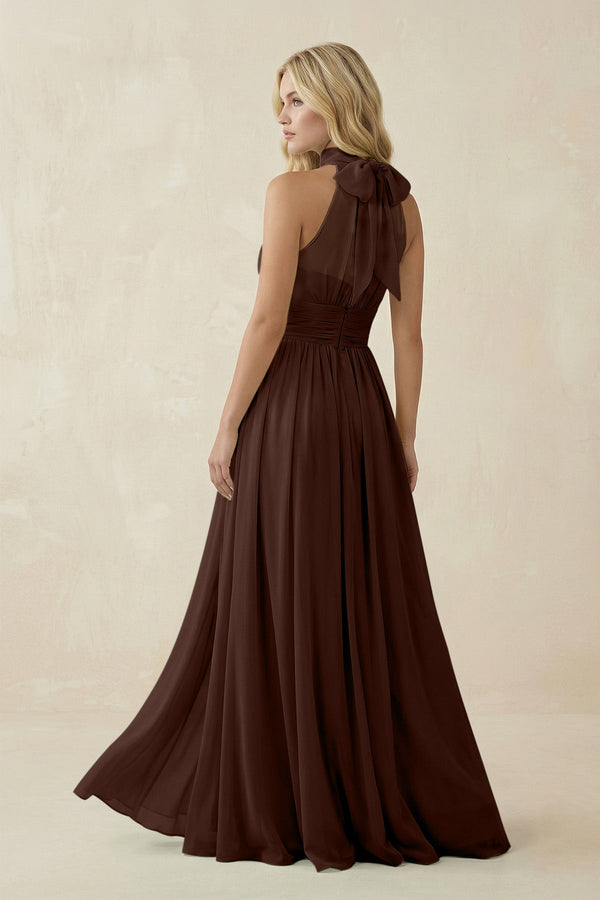 Illusion Halter A - Line Chiffon Bridesmaid Gown in Espresso - KISS BRIDAL Bridesmaid Dresses