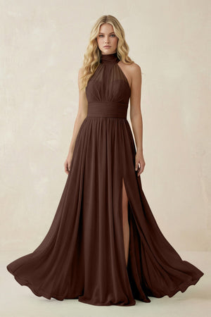 Illusion Halter A - Line Chiffon Bridesmaid Gown in Espresso - KISS BRIDAL Bridesmaid Dresses