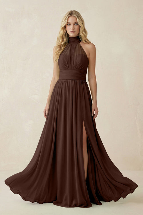 Illusion Halter A - Line Chiffon Bridesmaid Gown in Espresso - KISS BRIDAL Bridesmaid Dresses