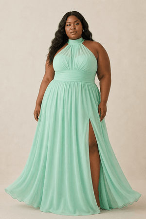 Illusion Halter A - Line Chiffon Bridesmaid Gown in Pale Pistachio - KISS BRIDAL Bridesmaid Dresses[sizeplus]