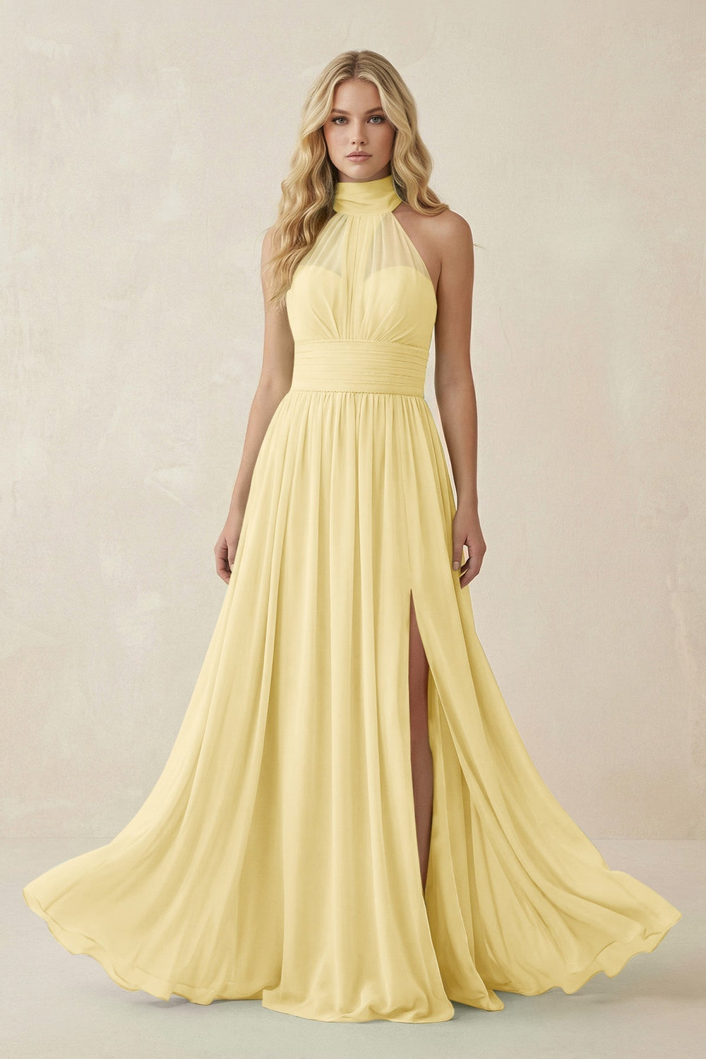 Illusion Halter A-Line Chiffon Bridesmaid Gown in Pastel Yellow