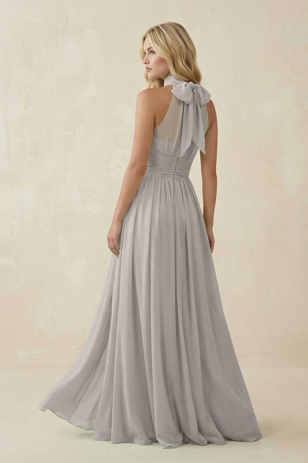 Illusion Halter A-Line Chiffon Bridesmaid Gown in Silver