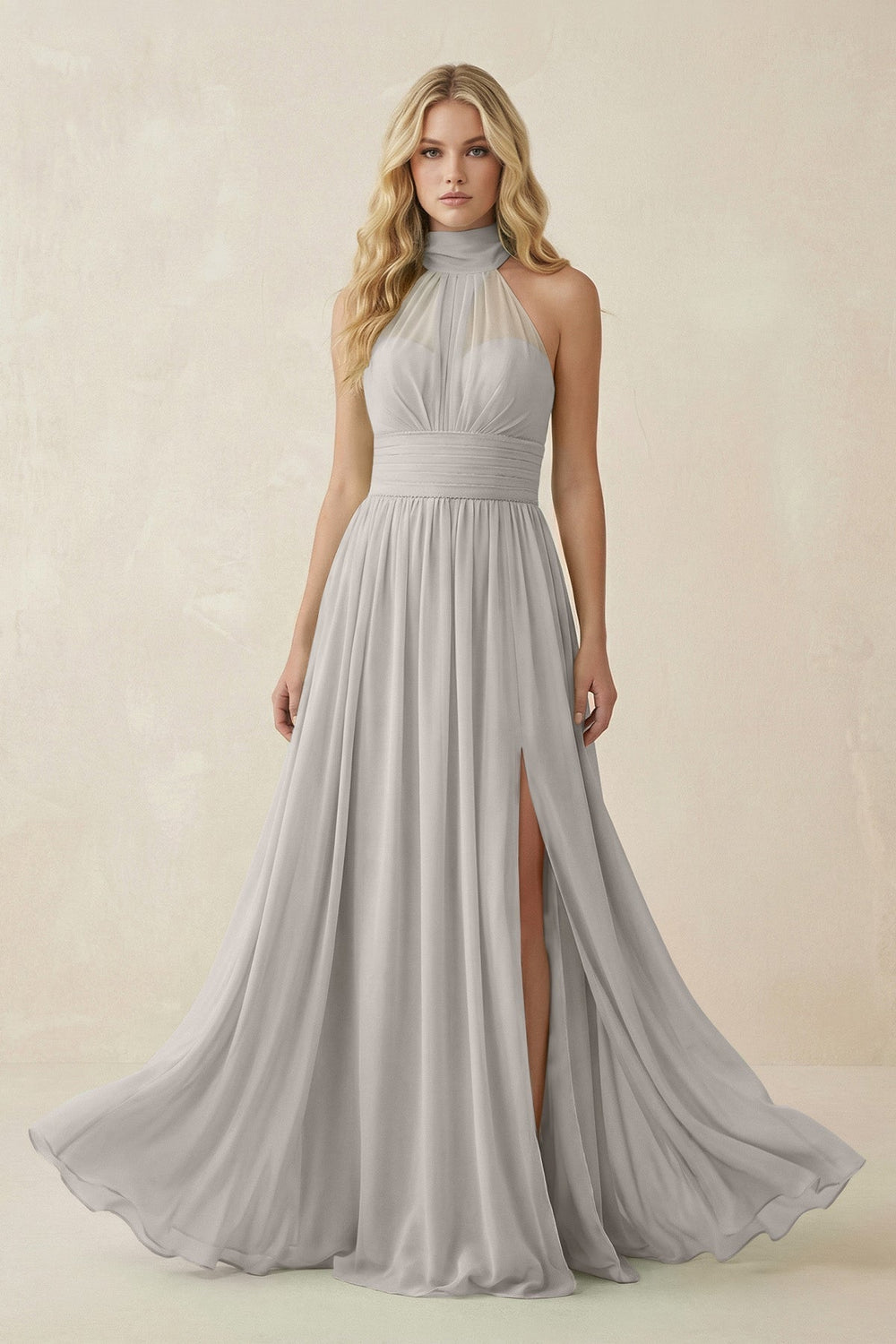 Illusion Halter A-Line Chiffon Bridesmaid Gown in Silver