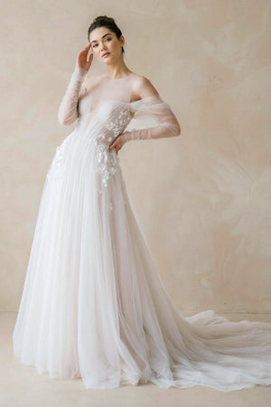 Illusion Long Sleeve A - Line Tulle Wedding Dress - KISS BRIDAL Wedding Dresses