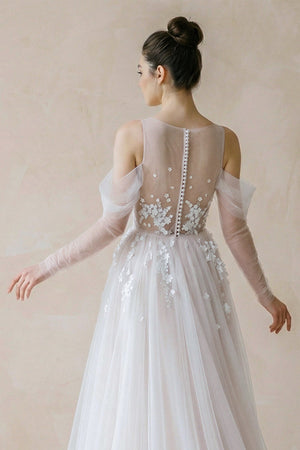 Illusion Long Sleeve A - Line Tulle Wedding Dress - KISS BRIDAL Wedding Dresses