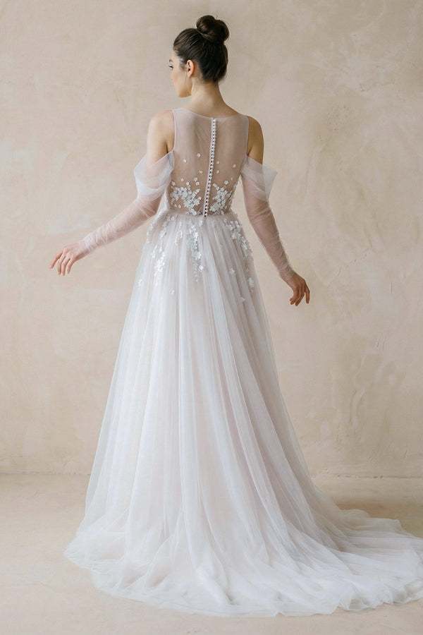 Illusion Long Sleeve A - Line Tulle Wedding Dress - KISS BRIDAL Wedding Dresses