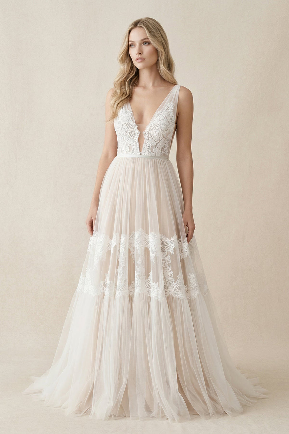 A-Line Plunging V Neck Lace Wedding Dress in Ivory