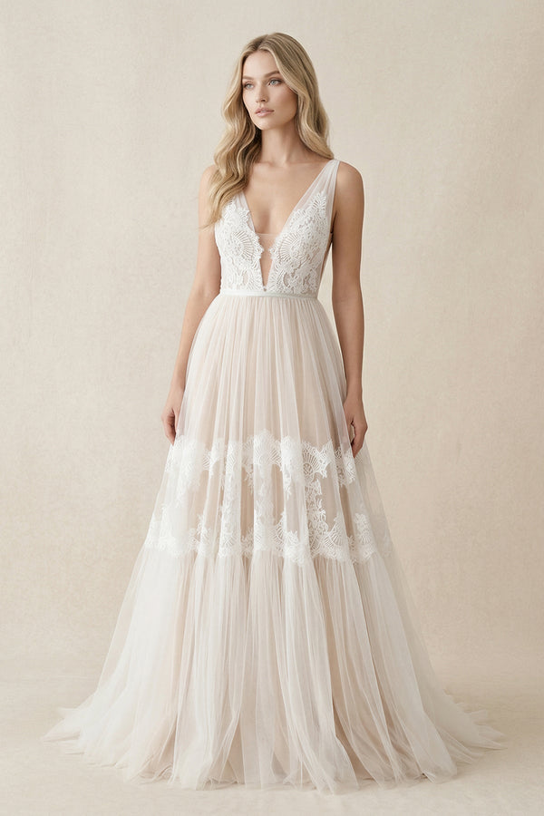 Illusion Neck A - Line Lace Wedding Dress in Ivory - KISS BRIDAL Wedding Dresses