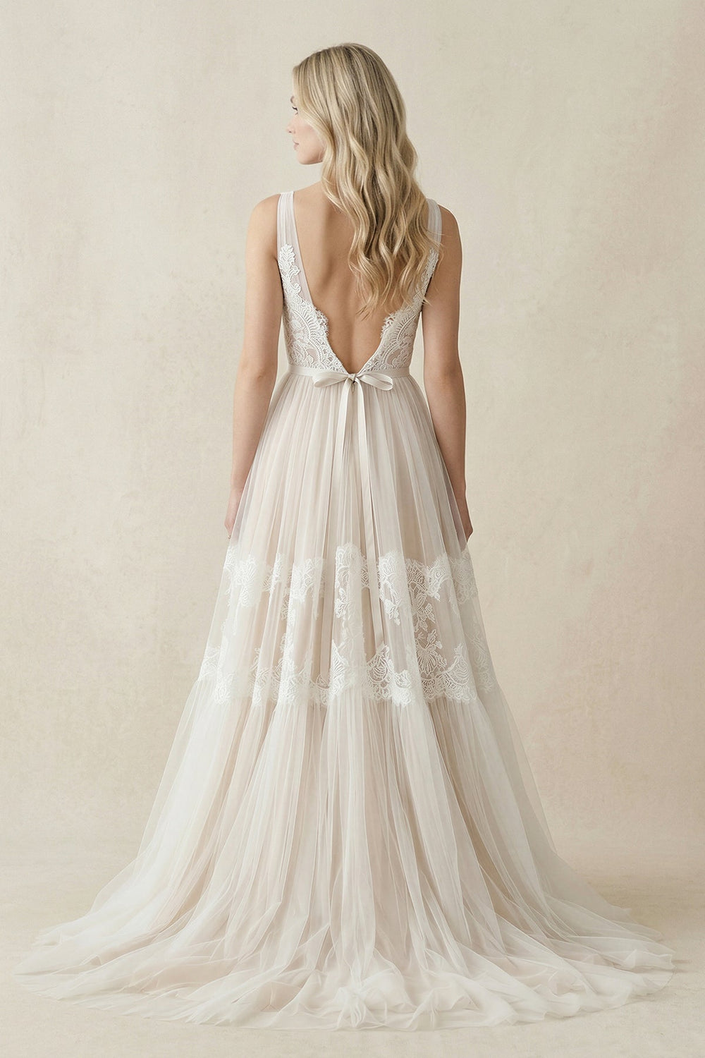 A-Line Plunging V Neck Lace Wedding Dress in Ivory