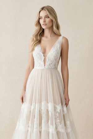 Illusion Neck A - Line Lace Wedding Dress in Ivory - KISS BRIDAL Wedding Dresses