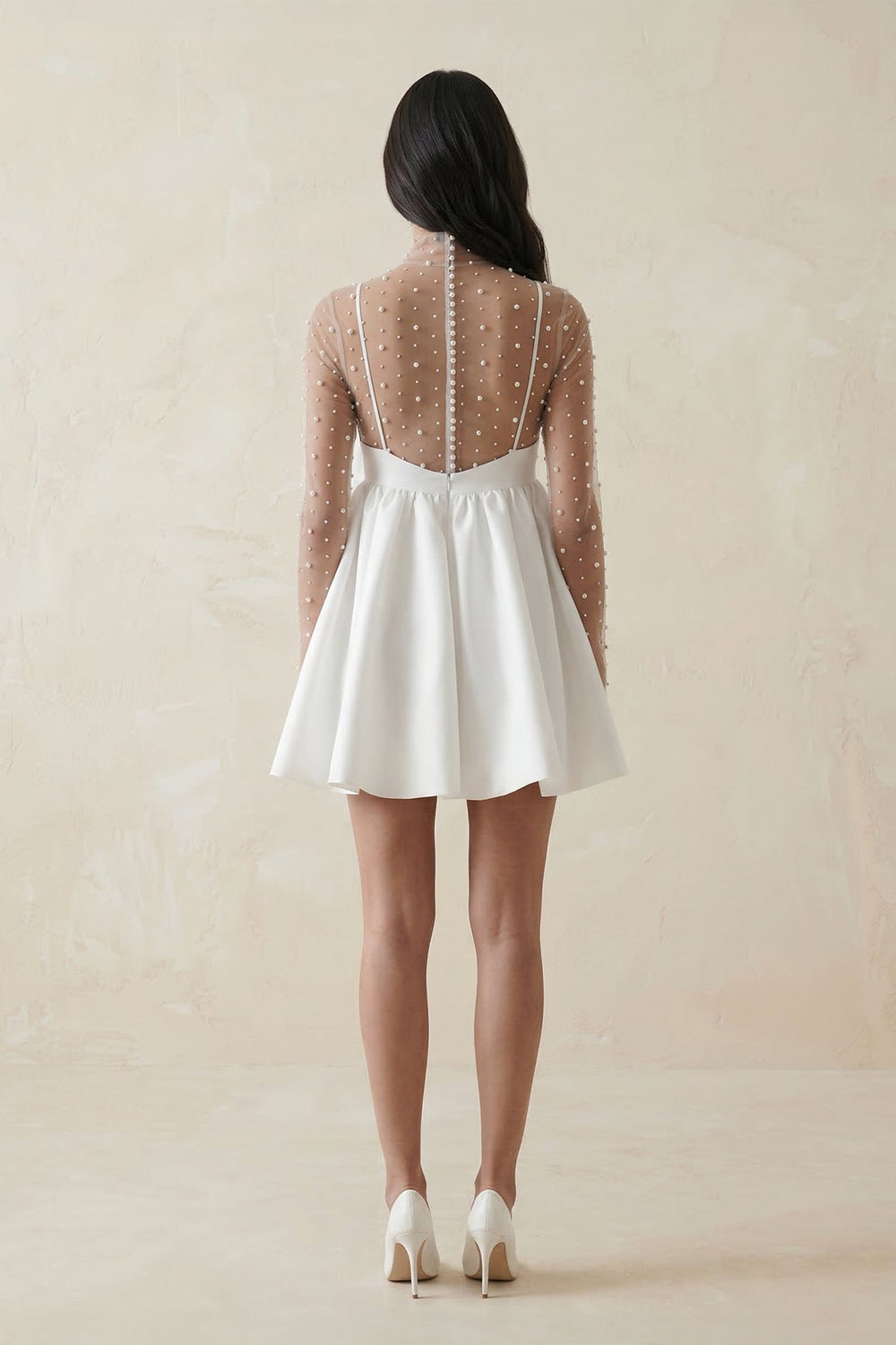 Illusion Neck A-Line Satin Bow Mini Wedding Dress With Pearl in White