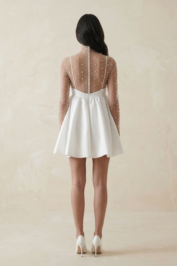 Illusion Neck A - Line Satin Bow Mini Wedding Dress With Pearl in White - KISS BRIDAL Wedding Dresses