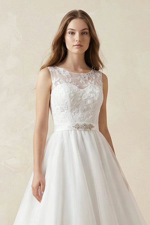 Illusion Neck A - Line Tulle Appliqued Midi Wedding Dress With Bow in White - KISS BRIDAL Wedding Dresses