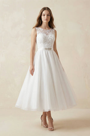 Illusion Neck A - Line Tulle Appliqued Midi Wedding Dress With Bow in White - KISS BRIDAL Wedding Dresses