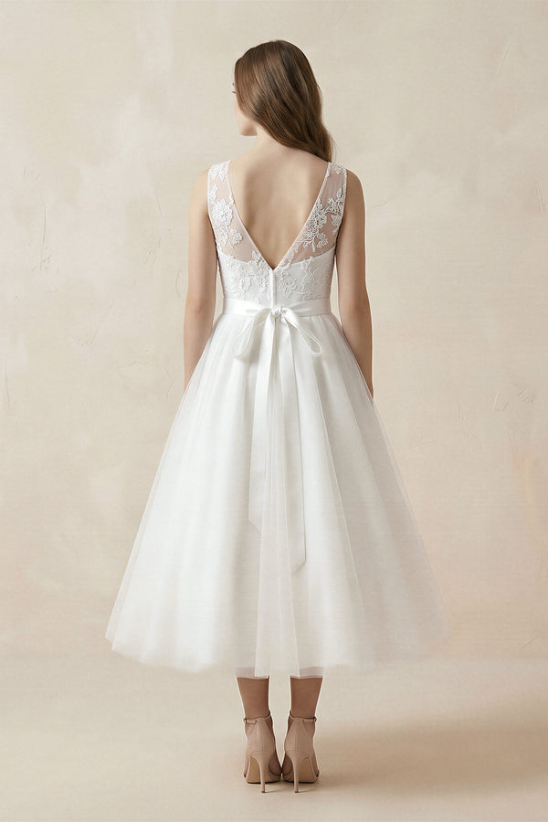 Illusion Neck A - Line Tulle Appliqued Midi Wedding Dress With Bow in White - KISS BRIDAL Wedding Dresses