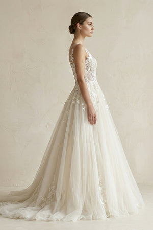 Illusion Neck Appliqued Tulle Wedding Gown in White - KISS BRIDAL Wedding Dresses